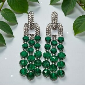 Exquisite Silver Plated Emerald Beaded Zircon Crystal Dangle Earrings